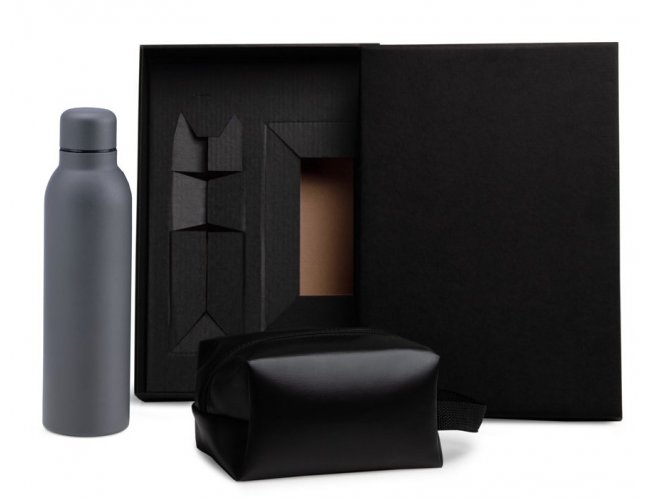 Kit Garrafa E Necessaire - Cinza/Preto - 2 Pçs KT-90364